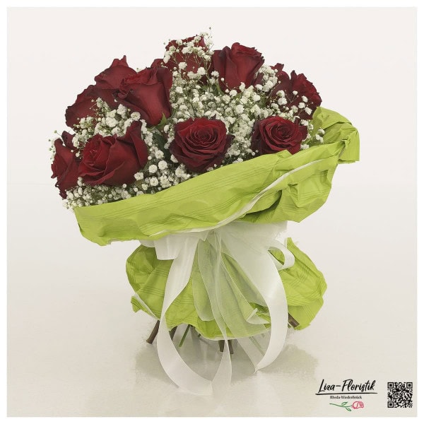 Geburtstagsstrauß mit roten Rosen "Explorer" und weißem Schleierkraut