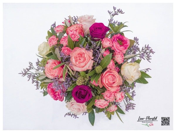 Blumenstrauß zum Hochzeitstag mit Rosen, Statize und Olive - Detail