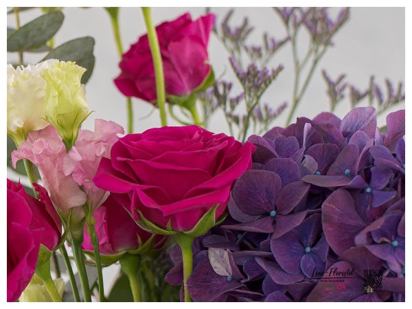 Hortensie, Rosen und Lisianthus im Detail