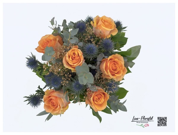 Disteln, orangen Rosen und Eukalyptus im Detail