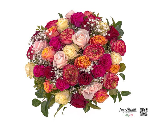 Dieser luxuriöse Blumenstrauß aus Ecuador Rosen und zartem Schleierkraut beeindruckt aus jeder Perspektive mit seiner farbenfrohen Vielfalt und eleganten Anordnung.